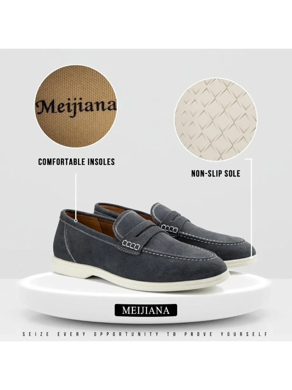 🆕Men's Grey Leather Loafers Slip-On Moccasins Suede Dress Shoes Lightweight